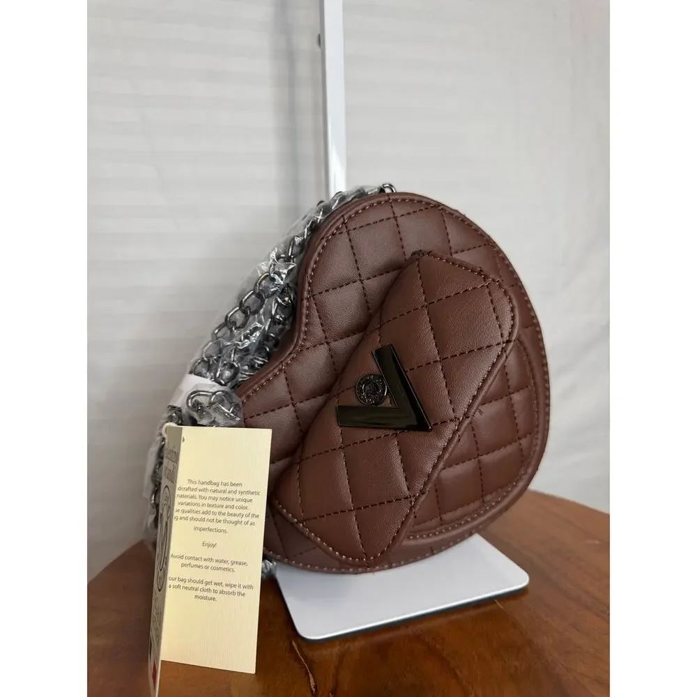 Valentino Orlandi Heart Crossbody MSRP $139 NWT Brown Quilted Vegan Leather